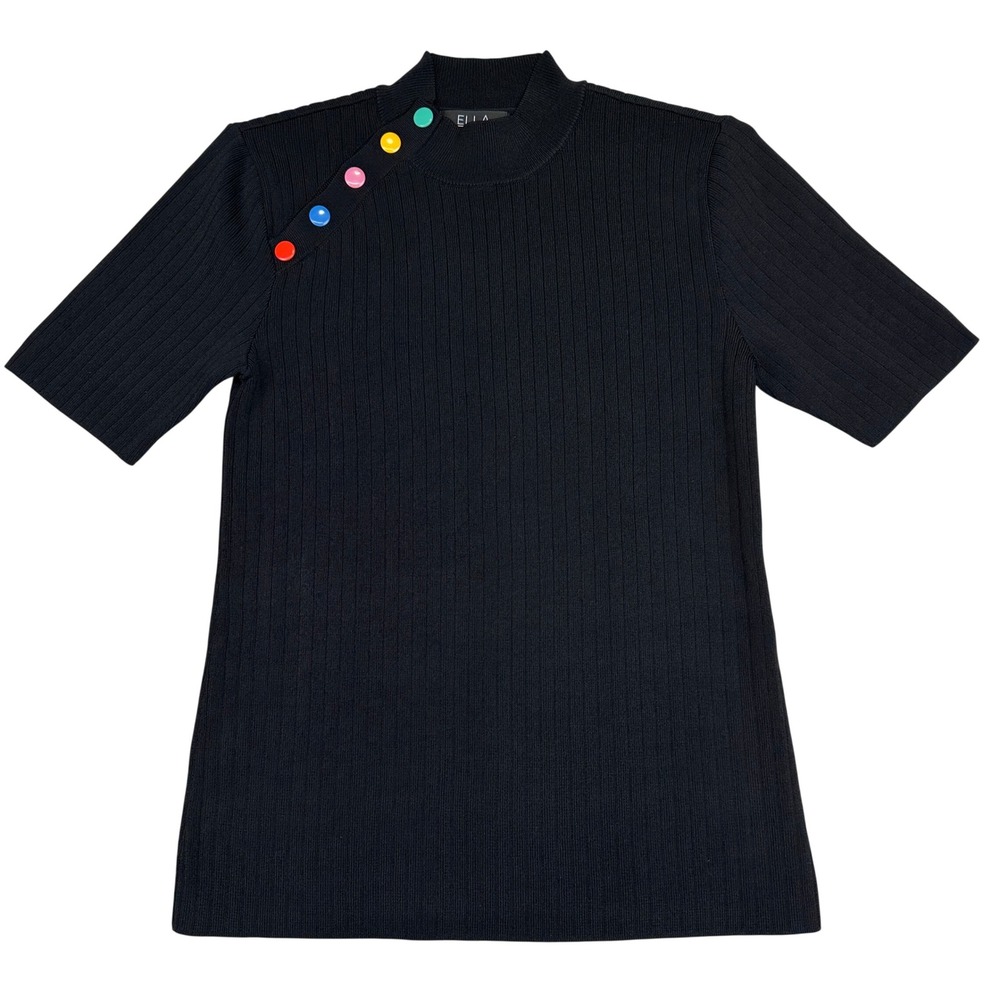 Ella Rafaella Ribbed Knit Top Mock Neck Button Black Women's M